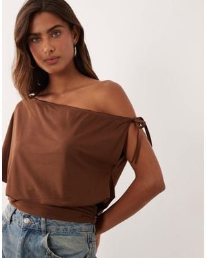 Miss Selfridge Gathered Off Shoulder Top With Deep Waistband And Lace Trim - Brown