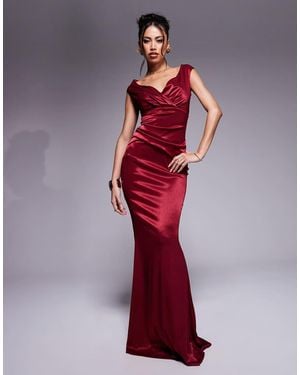 Goddiva Satin Off The Shoulder Maxi Dress - Red