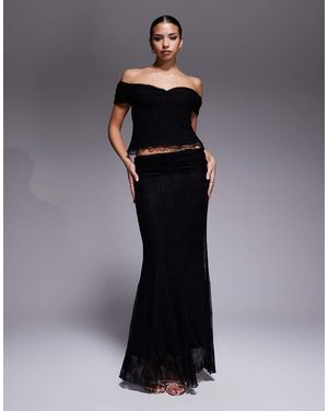 Fashionkilla Exclusive Floral Lace Ruched Waist Tiered Maxi Skirt Co-ord - Black