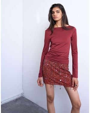 TOPSHOP Slinky Scoop Back Long Sleeve Top - Red