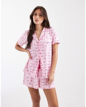 Loungeable Pink Check Supersoft Jersey Short Sleeve Shirt & Shorts Pyjama Set