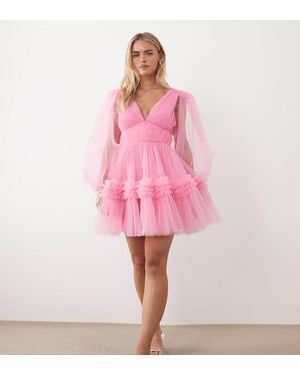 LACE & BEADS Balloon Sleeve Organza Mini Dress - Pink