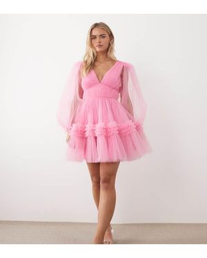 LACE & BEADS Vestido Corto Rosa Azucarado Con Mangas Globo De Organza-Naranja