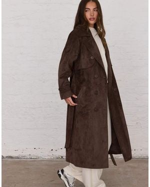 Aria Cove Faux Suede Belted Trench Maxi Coat - Brown