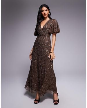 Beauut Embellished V-neck Wrap Flutter Sleeve Maxi Dress - Brown