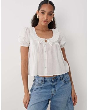 New Look Blouse Van Dobbystof Met Gestrikte Voorkant - Wit