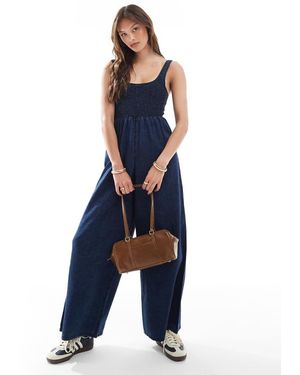 ASOS Soft Denim Wide Leg Jumpsuit With Shirred Body - Blue