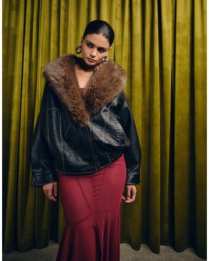 ASOS Leather Look Shawl Collar Faux Fur Collar Bomber Jacket - Black