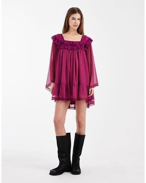 Miss Selfridge Fla Sleeve Mini Chiffon & Lace Dress - Pink