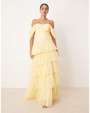 LACE & BEADS Vestido Largo Amarillo Pastel Asimétrico Con Escote Bardot De Tul De - Neutro