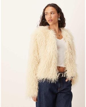 Brave Soul Collarless Short Mongolian Faux Fur Jacket - Natural