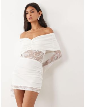 JW PEI Bridal Knitted Drape Off Shoulder Lace Insert Mini Dress - White