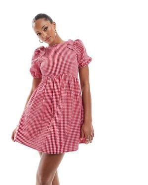 The Frolic Exclusive Bow Shoulder Puff Sleeve Tie Back Mini Smock Dress - Pink