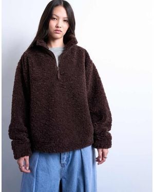 TOPSHOP Borg Quarter Zip Top - Black