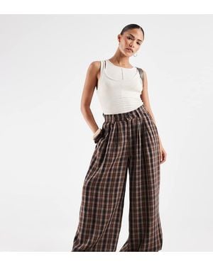 Noisy May Broek Met Hoge Taille En Wijde Pijpen Met Ruit - Bruin