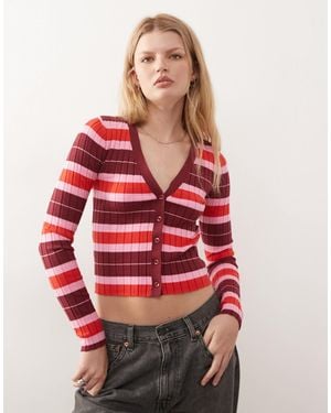 Noisy May Gilet en maille côtelée - rose et rayé - Rouge