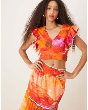Hope & Ivy Ruffle Sleeve Tie Back Cropped Top Co-Ord - Orange