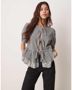 New Look Tie Front Gingham Top - Grey