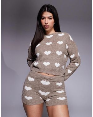 River Island Fluffy Heart Pattern Cozy Shorts Set - Gray