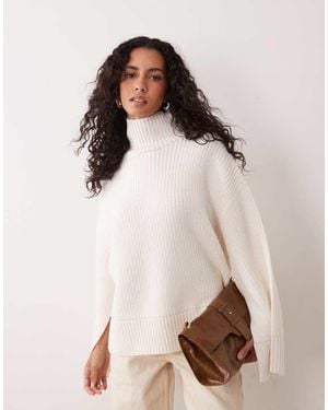 Gina Tricot Split Sleeve Detail Knit Turtleneck Jumper With Wool - Natural