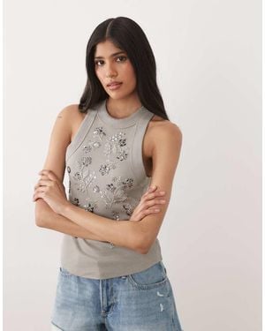 Miss Selfridge Festival Embellished Racer Tank Top - Grey