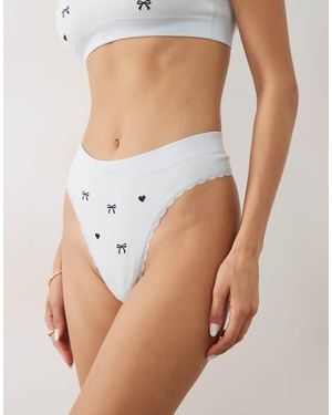 Boux Avenue Lace Trim High Leg Embroidered Bow Thong - White