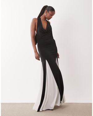 TFNC London Halter Neck Chiffon Contrast Godet Skirt Maxi Dress - White