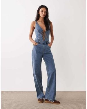 Abercrombie & Fitch Flared Denim Jumpsuit With Lace Up Front - Blue