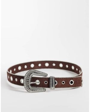 ASOS Western Faux Suede Belt With Rhinestone Buckle - Grey