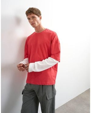 TOPMAN Relaxed Fit Crop Laye T-shirt With Waffle Sleeve - Red