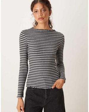 Vila High Neck Ribbed Striped Top - Grey