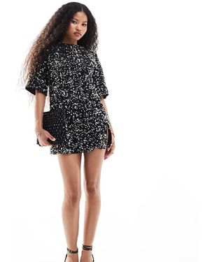 4th + Reckless Petite Velvet Sequin Mini T-shirt Dress With Open Back - Black