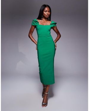Vesper Bengaline Bardot Drape Sleeve Detail Midaxi Dress - Green