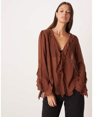 Free People Bali Tulula Chiffon Ruffle Boho Blouse - Brown