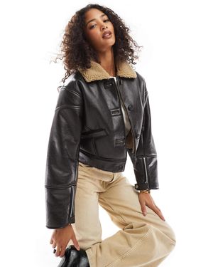 Pull&Bear Faux Leather Shearling Collar Jacket - Brown
