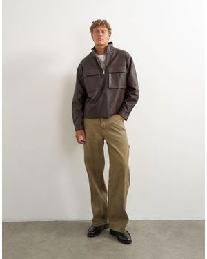 TOPMAN Oversized Fit Faux Leather 1/4 Zip Funnel Neck Jacket - Brown