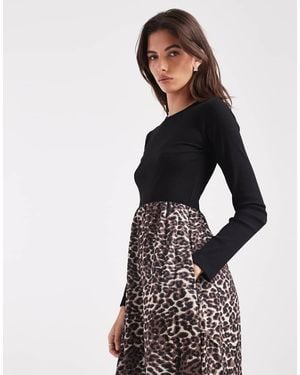 Threadbare Vestido Midi De Manga Larga Con Estampado De Leopardo En Contraste En La Falda De - Negro