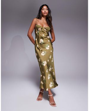 Love Triangle Satin Maxi Dress With Lace Trim Cups - Metallic