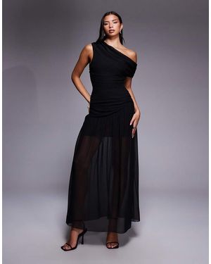 Fashionkilla Exclusive Chiffon Off Shoulder Asymmetric Hem Gathered Sheer Hem Maxi Dress - Blue