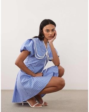 Sister Jane Cotton-look Oversized Collar Puff Sleeve Mini Dress - Blue