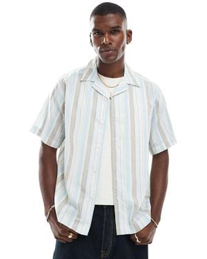Only & Sons Camisa Beis Y Azul A Rayas De Manga Corta De Mezcla De Lino De -Blanco