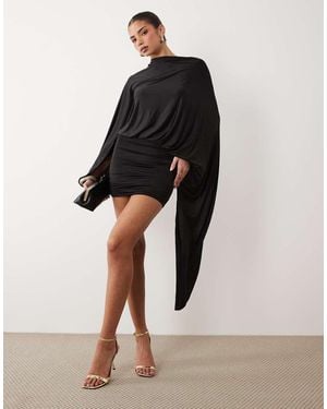 Oh Polly High Neck Draped Cape Open Back Mini Dress - Black