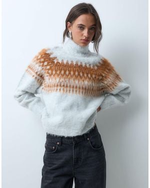 ASOS Knitted Funnel Neck Fairisle Sweater With Balloon Sleeves - Gray