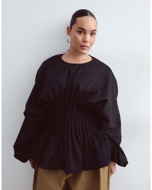 ARRANGE Curve Volume Sleeve Pleated Cinched Waist Top - Black