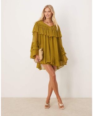 ASOS V Neck Macrame Ruffle Sleeve Mini Dress - Yellow