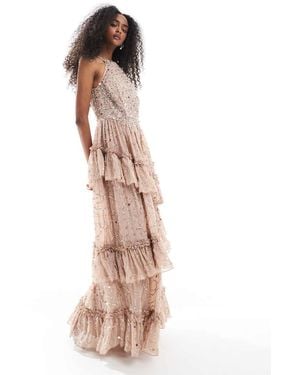 Maya Fully Embellished Halter Neck Maxi Dress - Natural
