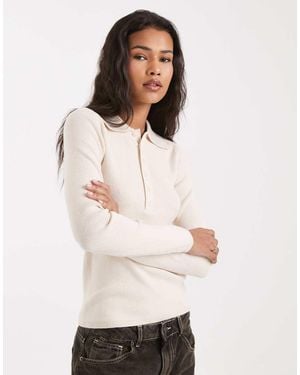 New Look Button Polo Knitted Top - Natural