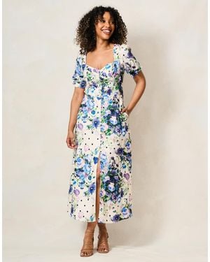 Hope & Ivy The Nadalia Puff Sleeve Sweetheart Neckline Midi Dress - Blue