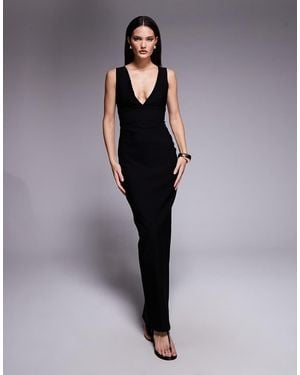 Vesper Bengaline V Neck Plunge Maxi Dress - Blue