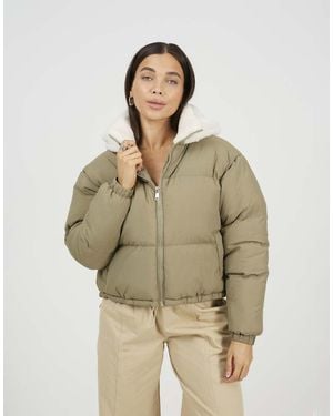 Brave Soul Crinkle Oversized Short Puffer Jacket - Natural